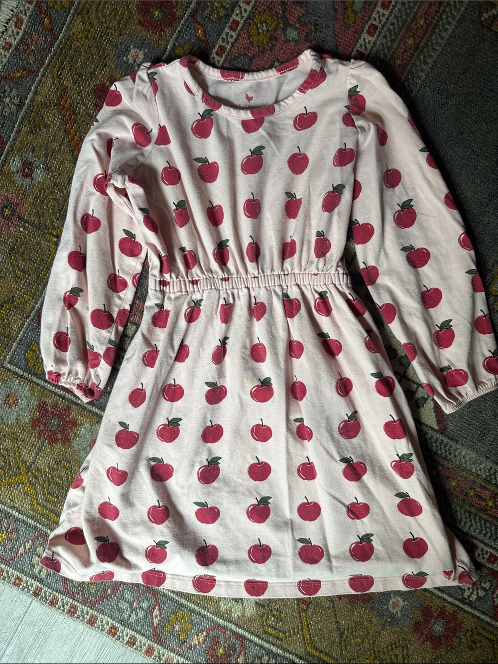 Pink Chicken Pink and Red Apple Print Long-Sleeve Dress